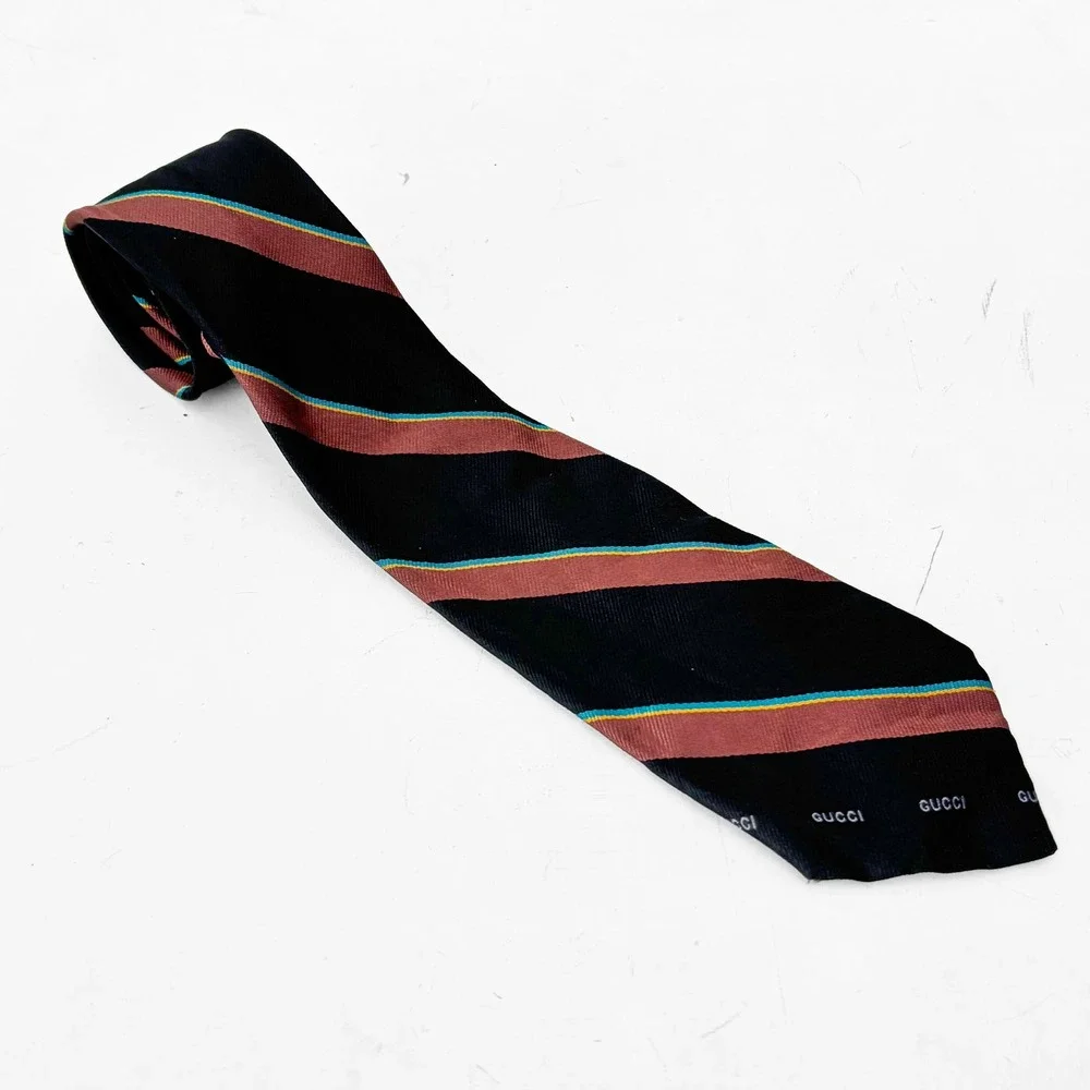 VTG 70s Gucci Mens Silk Necktie Logo Navy Blue Gold Repp Striped Made in Italy